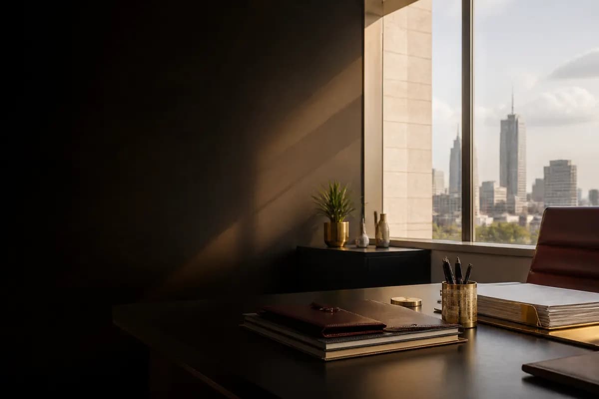 Professional legal workspace with Nairobi-inspired architectural view